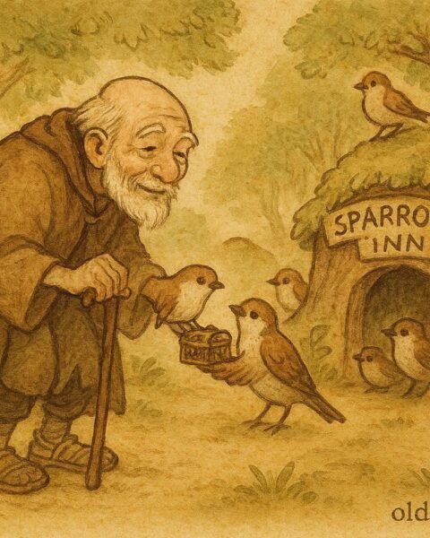 An old man receiving a gift from sparrows in a forest inn, Japanese folktale.