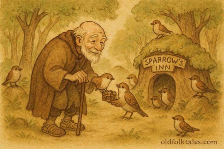 An old man receiving a gift from sparrows in a forest inn, Japanese folktale.