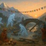 Tibetan villagers perform rituals as spirits build a bridge over a river with mountains in the background.