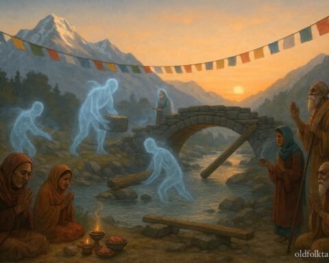 Tibetan villagers perform rituals as spirits build a bridge over a river with mountains in the background.