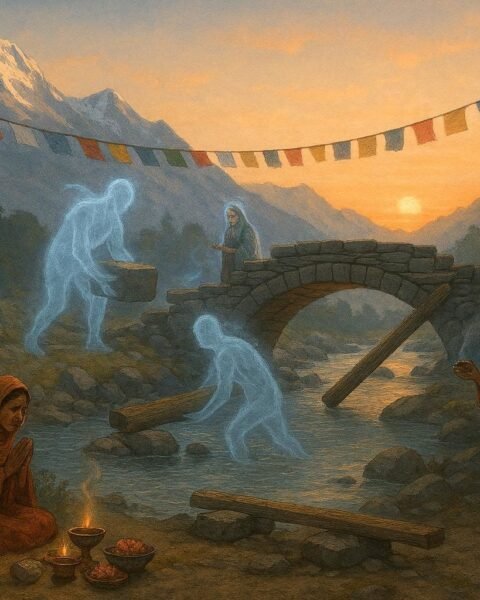 Tibetan villagers perform rituals as spirits build a bridge over a river with mountains in the background.
