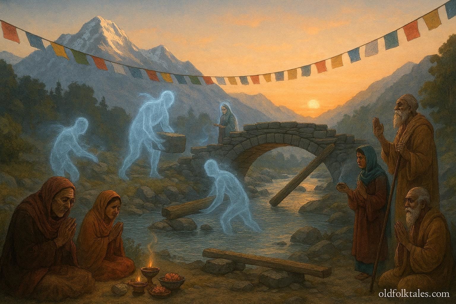 Tibetan villagers perform rituals as spirits build a bridge over a river with mountains in the background.