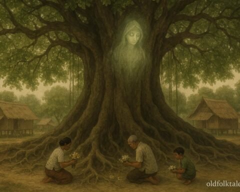 A glowing spirit within a large banyan tree as villagers offer prayers beneath it.