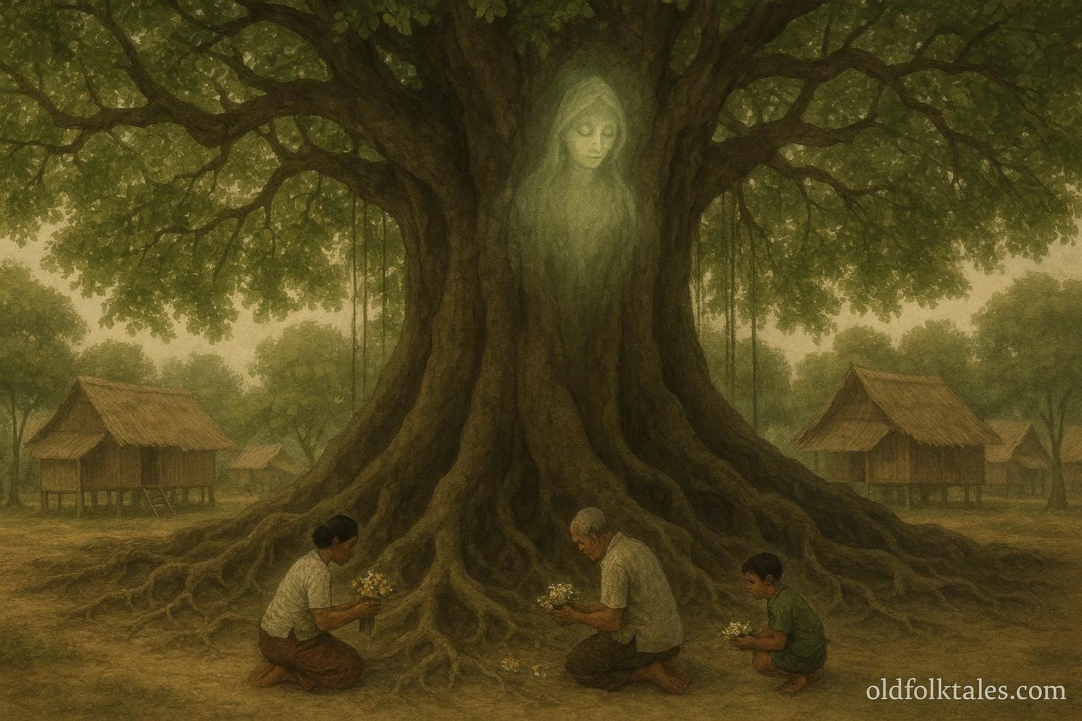 A glowing spirit within a large banyan tree as villagers offer prayers beneath it.