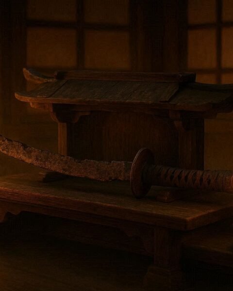 A broken samurai sword displayed on a household shrine symbolizing ancestral protection