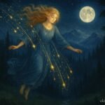 A celestial woman descends among falling stars in a misty mountain forest glade