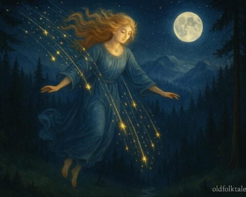 A celestial woman descends among falling stars in a misty mountain forest glade