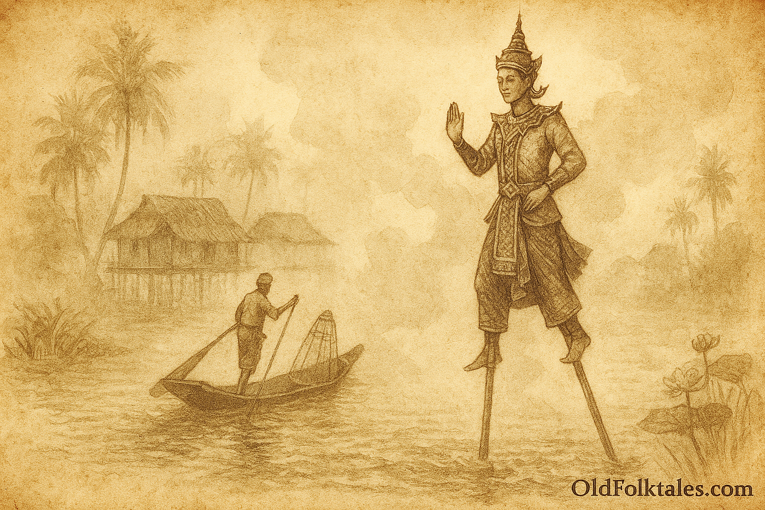 Sepia-toned illustration on aged parchment shows a misty dawn scene on Myanmar’s Inle Lake. A regal spirit dancer—the Stilt-Walker Nat—glides across the water on tall wooden stilts, wearing a ceremonial costume with ornate headdress and flowing garments. He raises one hand in silent guidance. A lone fisherman in a narrow boat balances on one leg while paddling with the other, gazing at the nat in awe. Stilt houses and palm trees fade into the misty background. “OldFolktales.com” is inscribed in the bottom right corner.