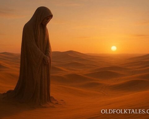 A stone mother statue standing in the Gobi Desert at sunrise with warm light and long shadows across the sand.