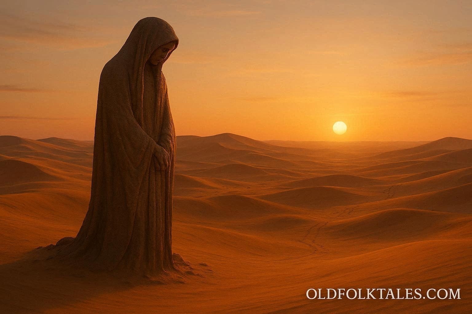 A stone mother statue standing in the Gobi Desert at sunrise with warm light and long shadows across the sand.