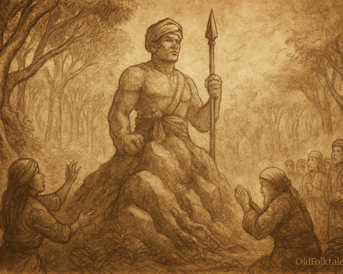 Sepia-toned parchment-style illustration showing the Bruneian warrior Apoi transformed into stone atop a rising hill in the ancient forest. His body is solidified in rock, gripping a spear, with a stoic expression frozen in defiance. At the base of the hill, his grieving wife Dayang reaches out in sorrow, while the village bomoh Nenek Siti prays solemnly. Villagers stand nearby in awe and reverence, framed by towering trees and swirling forest mist. The scene evokes sacred power, humility, and the eternal warning of pride punished. 'OldFolktales.com' is inscribed at the bottom right corner