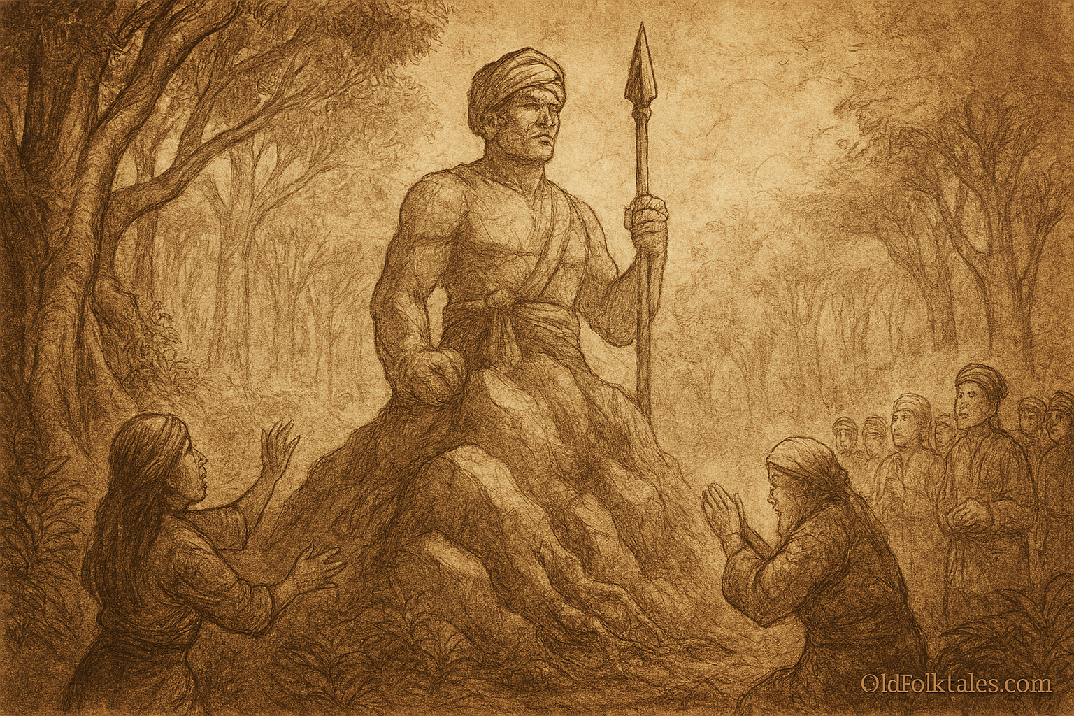 Sepia-toned parchment-style illustration showing the Bruneian warrior Apoi transformed into stone atop a rising hill in the ancient forest. His body is solidified in rock, gripping a spear, with a stoic expression frozen in defiance. At the base of the hill, his grieving wife Dayang reaches out in sorrow, while the village bomoh Nenek Siti prays solemnly. Villagers stand nearby in awe and reverence, framed by towering trees and swirling forest mist. The scene evokes sacred power, humility, and the eternal warning of pride punished. 'OldFolktales.com' is inscribed at the bottom right corner