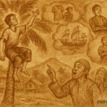 Your refined sepia-toned parchment-style illustration of The Story of Mat Jenin. It shows him perched high on the swaying coconut tree, arms raised in triumph as his cloud-like dreams of wealth, marriage, and ships swirl around him, while villagers below laugh warmly at his daydreams. The inscription OldFolktales.com appears at the bottom right to honor the proverb “angan-angan Mat Jenin.”