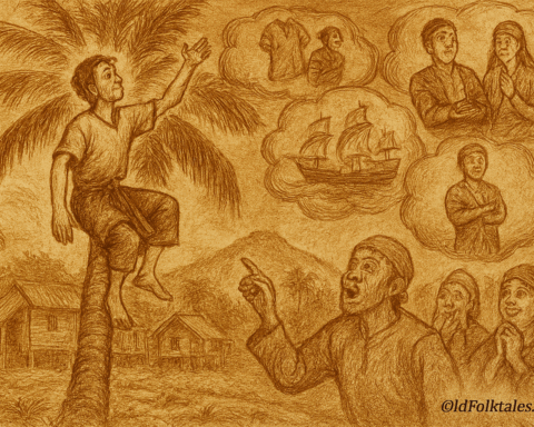 Your refined sepia-toned parchment-style illustration of The Story of Mat Jenin. It shows him perched high on the swaying coconut tree, arms raised in triumph as his cloud-like dreams of wealth, marriage, and ships swirl around him, while villagers below laugh warmly at his daydreams. The inscription OldFolktales.com appears at the bottom right to honor the proverb “angan-angan Mat Jenin.”