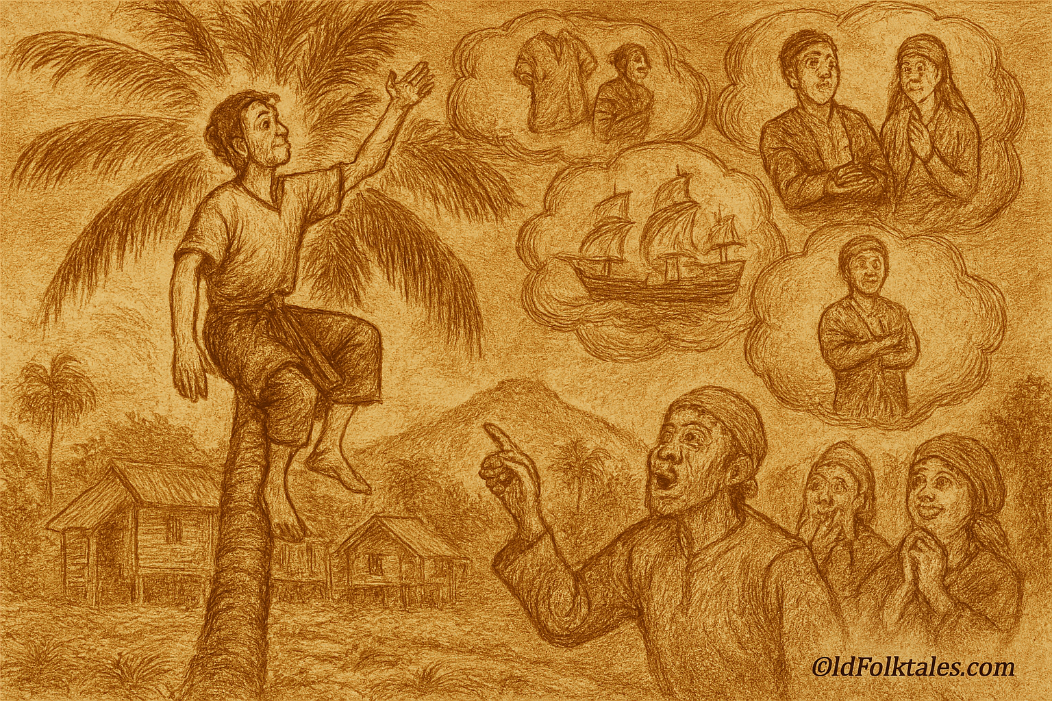 Your refined sepia-toned parchment-style illustration of The Story of Mat Jenin. It shows him perched high on the swaying coconut tree, arms raised in triumph as his cloud-like dreams of wealth, marriage, and ships swirl around him, while villagers below laugh warmly at his daydreams. The inscription OldFolktales.com appears at the bottom right to honor the proverb “angan-angan Mat Jenin.”