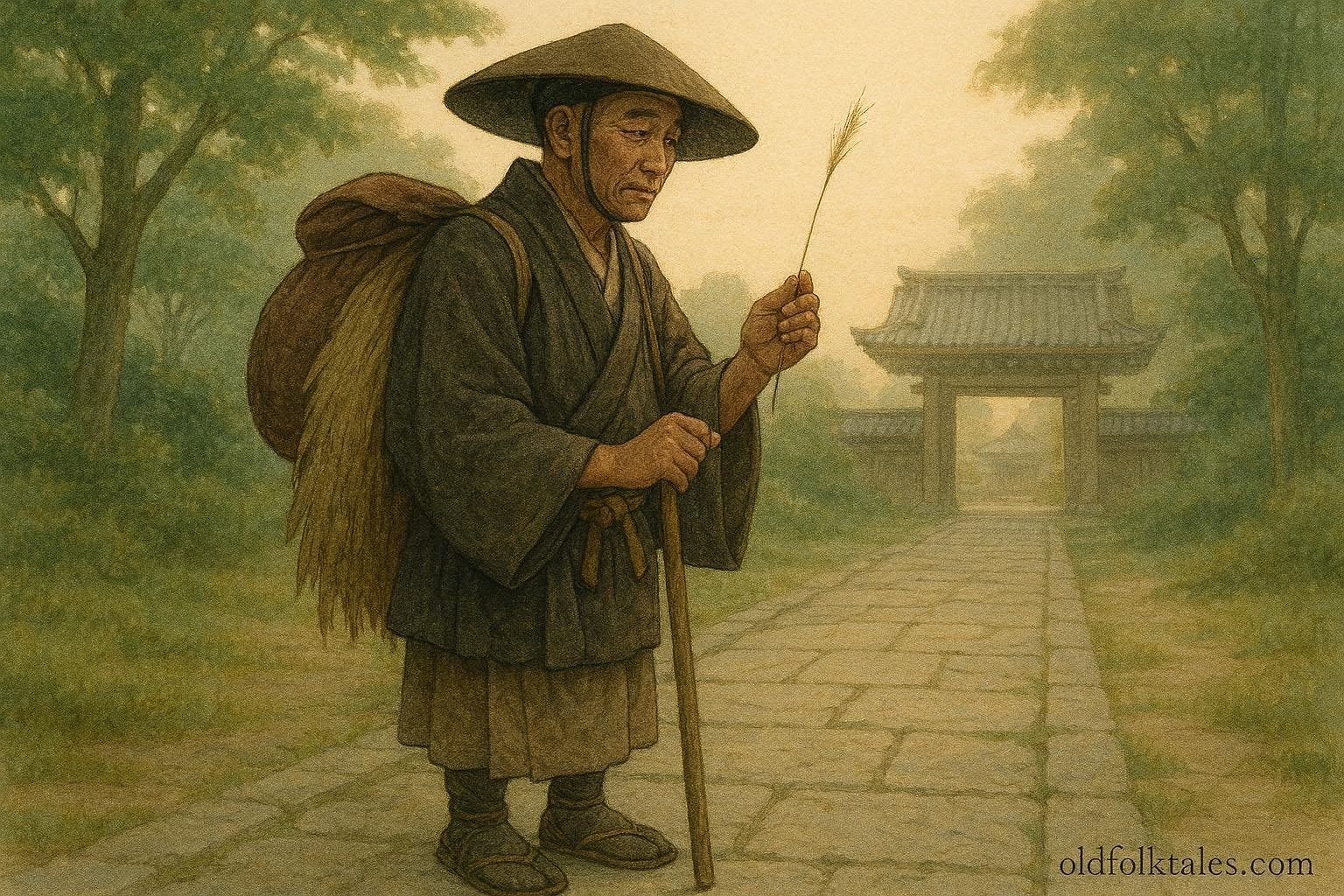 A poor traveler holding a straw outside a Japanese temple symbolizing humble beginnings