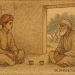 Parchment-style artwork of a Jordanian Sultan listening to a wise village elder over coffee.
