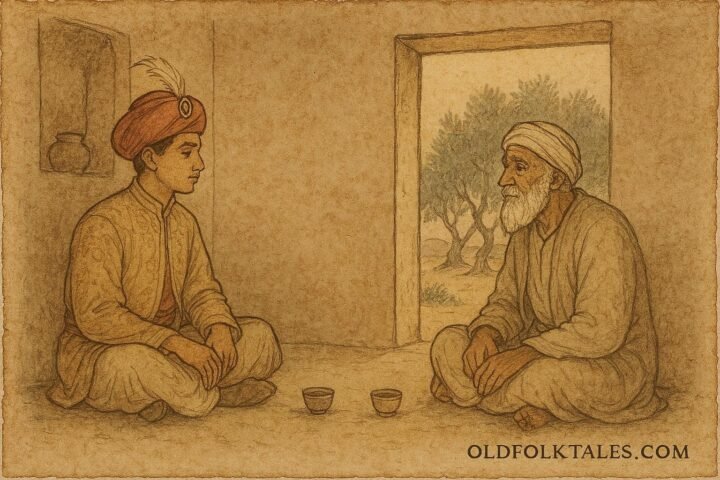 Parchment-style artwork of a Jordanian Sultan listening to a wise village elder over coffee.