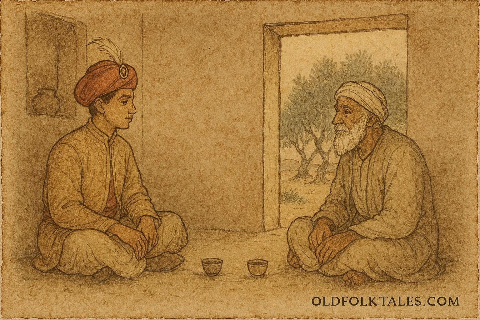 Parchment-style artwork of a Jordanian Sultan listening to a wise village elder over coffee.