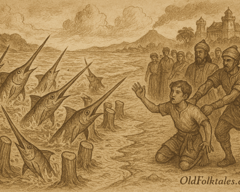 Sepia-toned parchment illustration of the ancient Malay folktale The Swordfish Attack on Temasek. On a chaotic shoreline, swordfish leap from stormy waters, impaling themselves on rows of banana tree trunks planted as a barrier. In the foreground, a barefoot boy in tattered clothes points toward the trapped swordfish, his face lit with determination. Behind him, soldiers seize him while villagers and nobles watch in awe. The Sultan, seated on a raised throne under a canopy, gazes at the boy with envy and suspicion. The background shows a golden palace and misty hills, capturing the moment when wisdom saved a kingdom but cost a child his life. “OldFolktales.com” is inscribed at the bottom right.