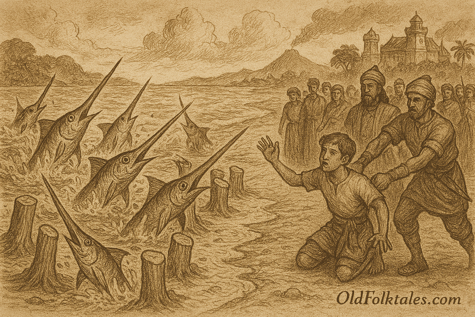 Sepia-toned parchment illustration of the ancient Malay folktale The Swordfish Attack on Temasek. On a chaotic shoreline, swordfish leap from stormy waters, impaling themselves on rows of banana tree trunks planted as a barrier. In the foreground, a barefoot boy in tattered clothes points toward the trapped swordfish, his face lit with determination. Behind him, soldiers seize him while villagers and nobles watch in awe. The Sultan, seated on a raised throne under a canopy, gazes at the boy with envy and suspicion. The background shows a golden palace and misty hills, capturing the moment when wisdom saved a kingdom but cost a child his life. “OldFolktales.com” is inscribed at the bottom right.