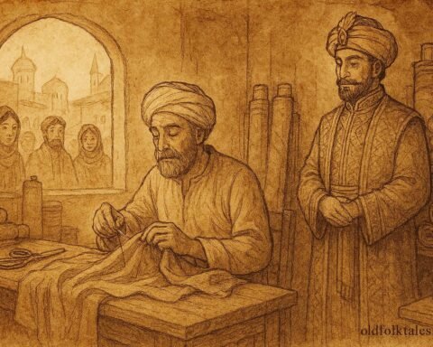 Parchment-style artwork of Tailor Magruf outwitting a wealthy merchant, Uzbek folktale scene.