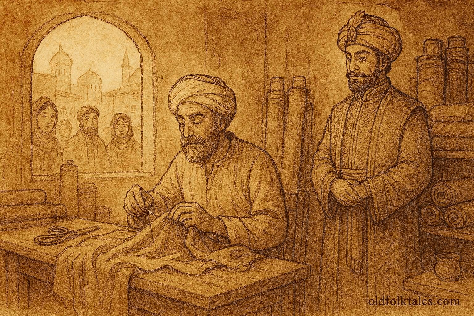 Parchment-style artwork of Tailor Magruf outwitting a wealthy merchant, Uzbek folktale scene.