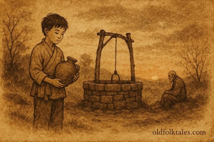 Parchment-style illustration of a boy at a well at dawn, Kuwaiti folktale scene.