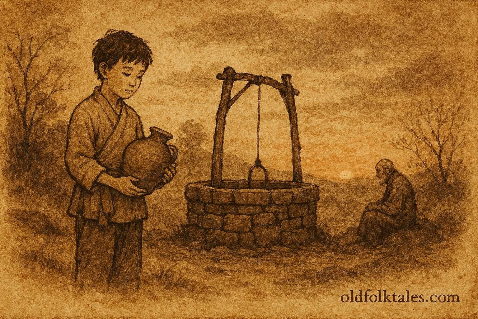 Parchment-style illustration of a boy at a well at dawn, Kuwaiti folktale scene.