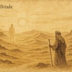 Parchment-style illustration of a lone traveler facing the Hutayf in a Qatari desert legend.