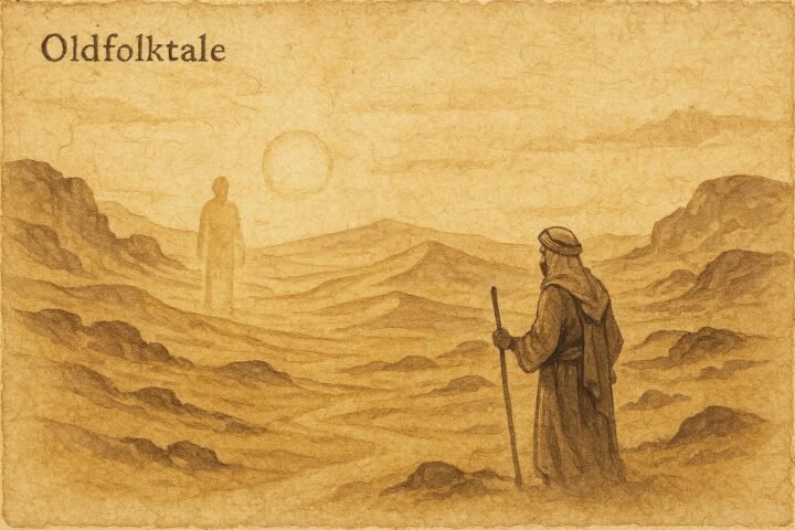 Parchment-style illustration of a lone traveler facing the Hutayf in a Qatari desert legend.
