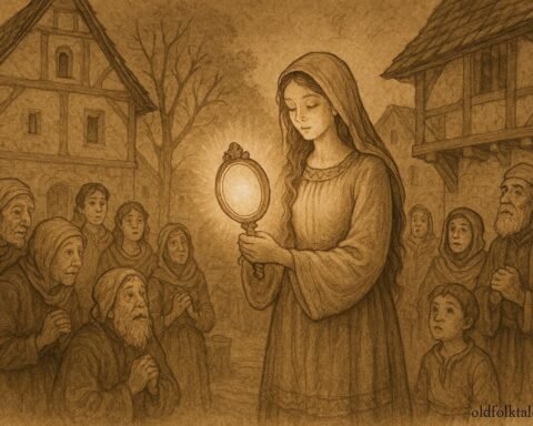 The Mirror Maiden revealing her pure heart with a glowing mirror, Japanese folklore.