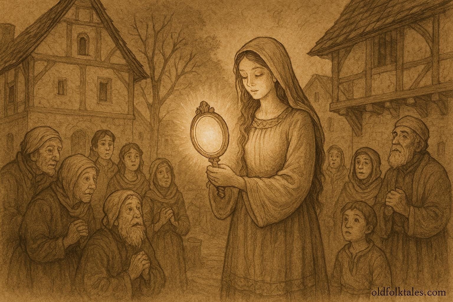 The Mirror Maiden revealing her pure heart with a glowing mirror, Japanese folklore.