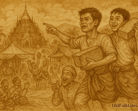 Sepia-toned illustration on aged parchment showing two Burmese brothers, Shwe Hpyin Gyi and Shwe Hpyin Nge, carrying sacred bricks toward a pagoda under construction. One brother holds the brick to his chest with a serious expression, while the other balances his brick on his shoulder and points ahead with a smile. Behind them, a grand multi-tiered pagoda rises with scaffolding, surrounded by traditional wooden buildings and rolling hills. In the foreground, villagers enjoy a festival with puppet shows, musicians playing drums and cymbals, and wrestlers competing. “OldFolktales.com” is inscribed in the bottom right corne