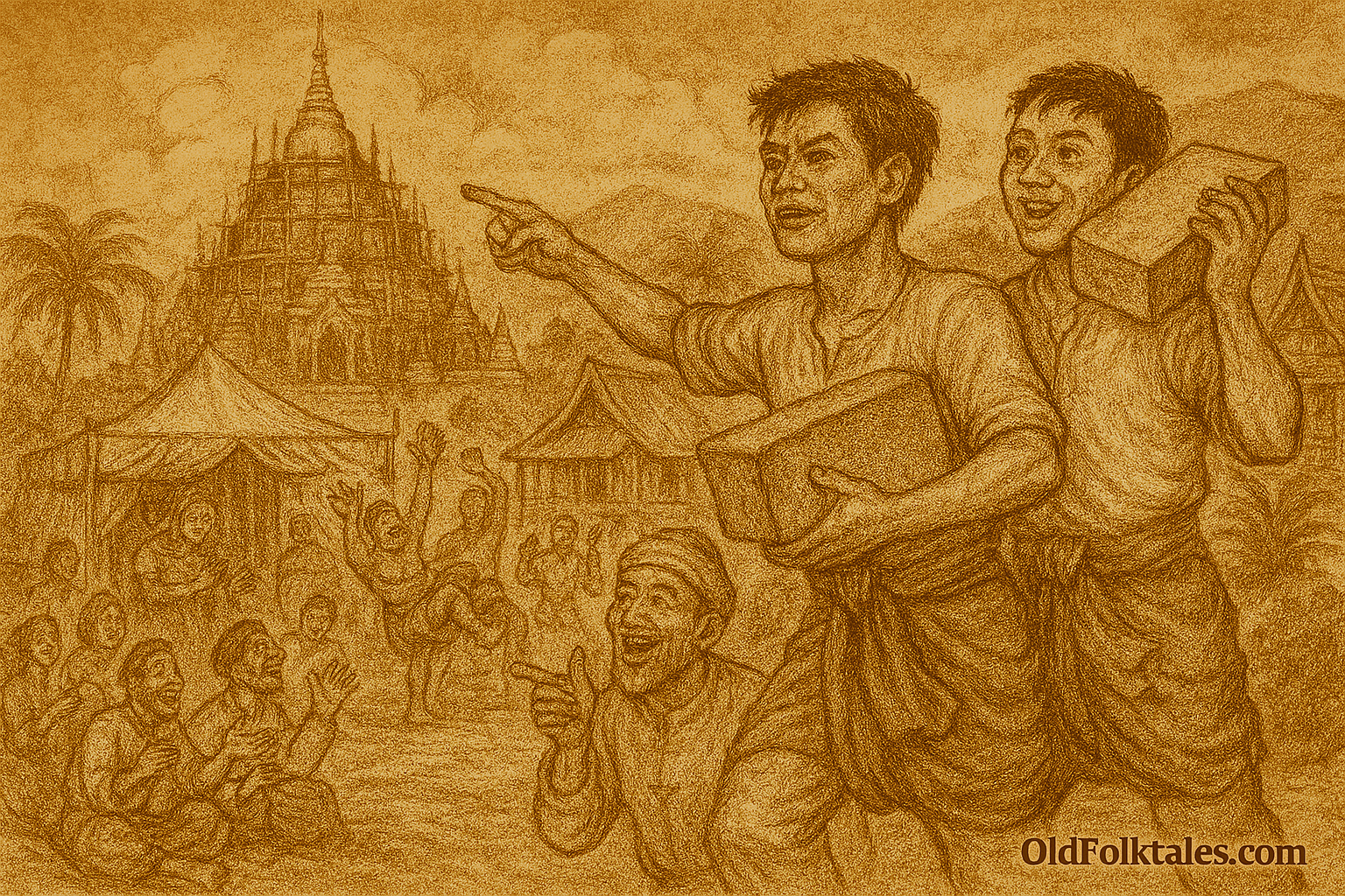 Sepia-toned illustration on aged parchment showing two Burmese brothers, Shwe Hpyin Gyi and Shwe Hpyin Nge, carrying sacred bricks toward a pagoda under construction. One brother holds the brick to his chest with a serious expression, while the other balances his brick on his shoulder and points ahead with a smile. Behind them, a grand multi-tiered pagoda rises with scaffolding, surrounded by traditional wooden buildings and rolling hills. In the foreground, villagers enjoy a festival with puppet shows, musicians playing drums and cymbals, and wrestlers competing. “OldFolktales.com” is inscribed in the bottom right corne