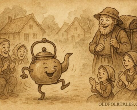 A dancing magical tea kettle performing before villagers in a Japanese folktale.