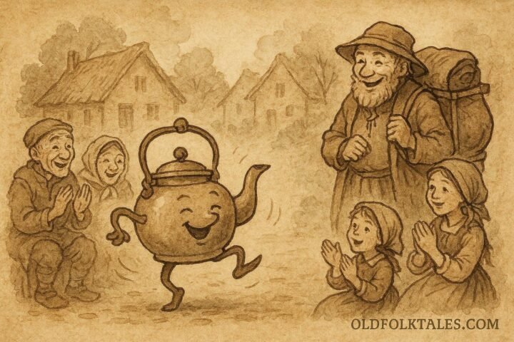 A dancing magical tea kettle performing before villagers in a Japanese folktale.