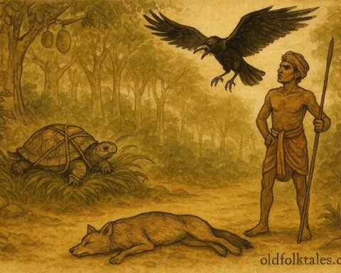 Parchment-style illustration of a jackal, crow, and tortoise outwitting a hunter in a Sri Lankan folktale.