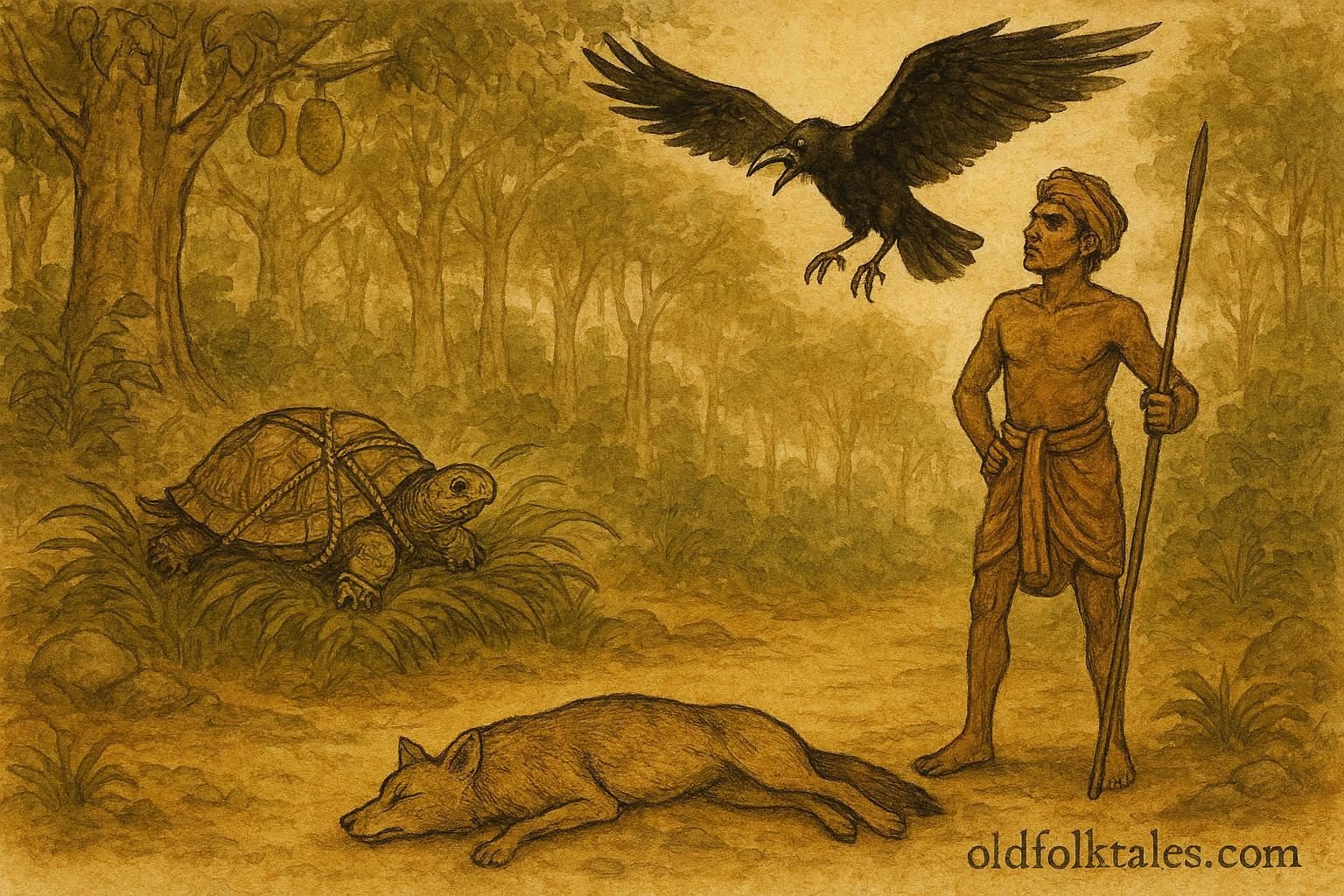 Parchment-style illustration of a jackal, crow, and tortoise outwitting a hunter in a Sri Lankan folktale.