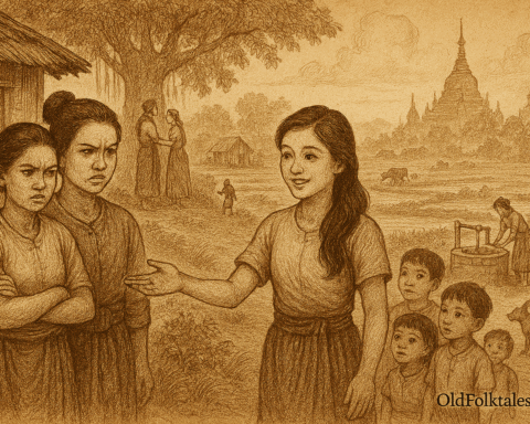 Sepia-toned illustration of an ancient Burmese village with rice paddies and distant pagodas in morning mist. Three sisters stand at the center: two older sisters with stern, envious expressions beside a modest teak house, and a younger sister with a gentle face offering kindness, surrounded by children, villagers, and animals. In the background, her journey is hinted at beneath a banyan tree and near a village well, symbolizing exile, compassion, and forgiveness, capturing a folktale about envy transformed into harmony through kindness.