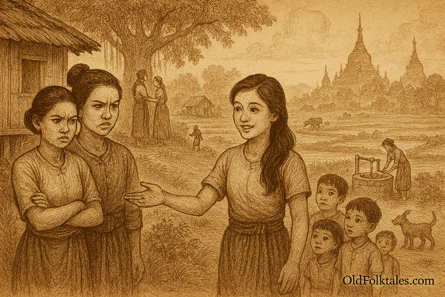 Sepia-toned illustration of an ancient Burmese village with rice paddies and distant pagodas in morning mist. Three sisters stand at the center: two older sisters with stern, envious expressions beside a modest teak house, and a younger sister with a gentle face offering kindness, surrounded by children, villagers, and animals. In the background, her journey is hinted at beneath a banyan tree and near a village well, symbolizing exile, compassion, and forgiveness, capturing a folktale about envy transformed into harmony through kindness.