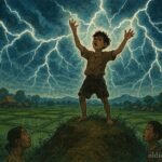 Young boy calls lightning over Isan rice fields to protect villagers during storm, Thai folklore scene.