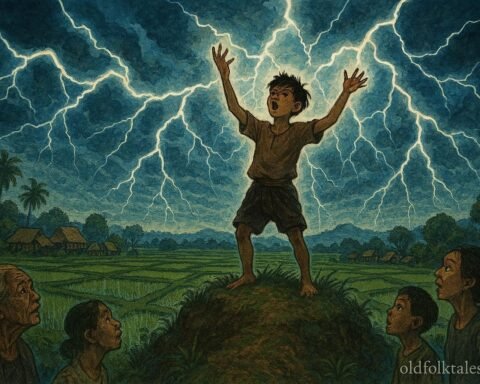 Young boy calls lightning over Isan rice fields to protect villagers during storm, Thai folklore scene.
