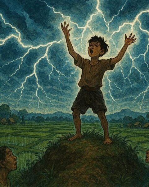 Young boy calls lightning over Isan rice fields to protect villagers during storm, Thai folklore scene.