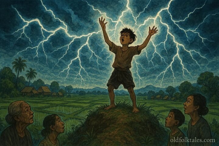 Young boy calls lightning over Isan rice fields to protect villagers during storm, Thai folklore scene.