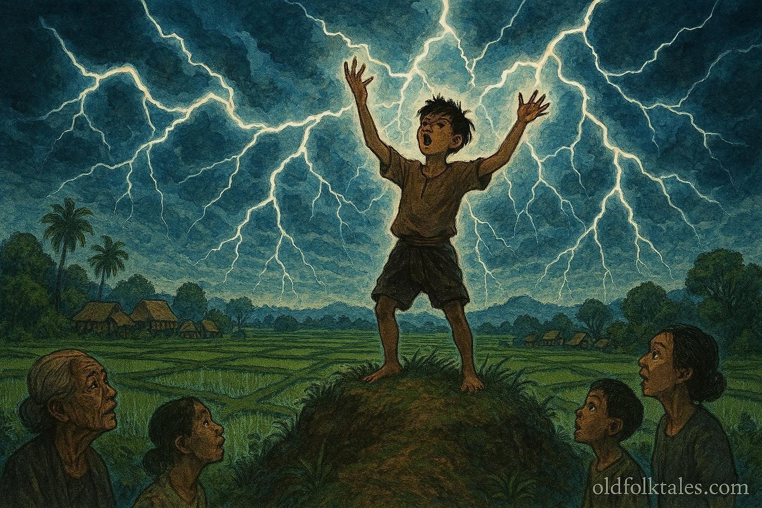 Young boy calls lightning over Isan rice fields to protect villagers during storm, Thai folklore scene.