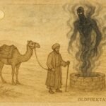 Parchment-style artwork of a merchant meeting a jinn at a desert well, Afghan folktale scene.