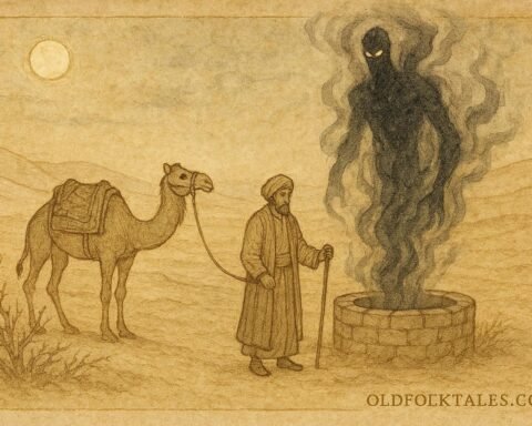Parchment-style artwork of a merchant meeting a jinn at a desert well, Afghan folktale scene.