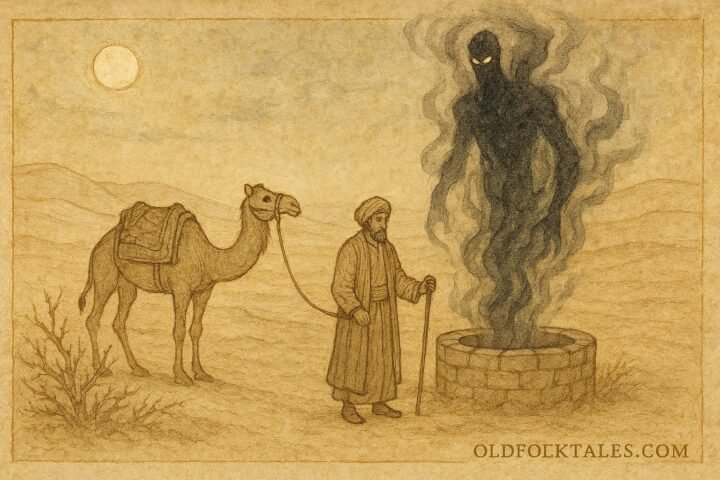 Parchment-style artwork of a merchant meeting a jinn at a desert well, Afghan folktale scene.