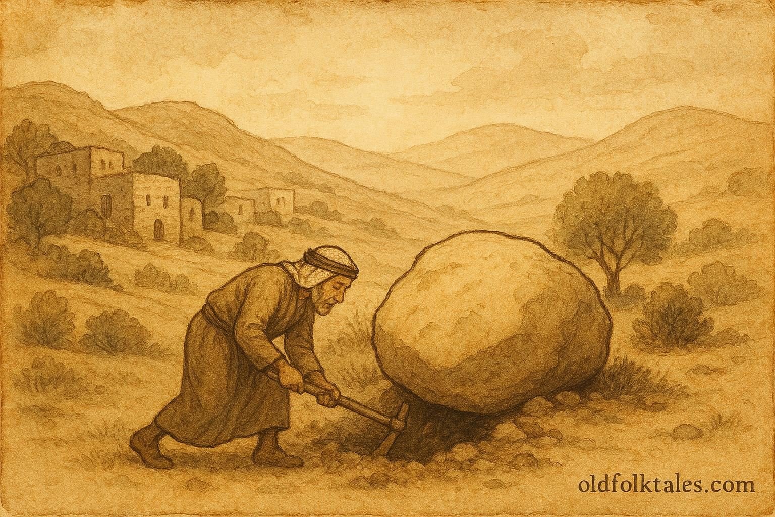 Parchment-style illustration of a Jordanian farmer uncovering treasure beneath a village rock.